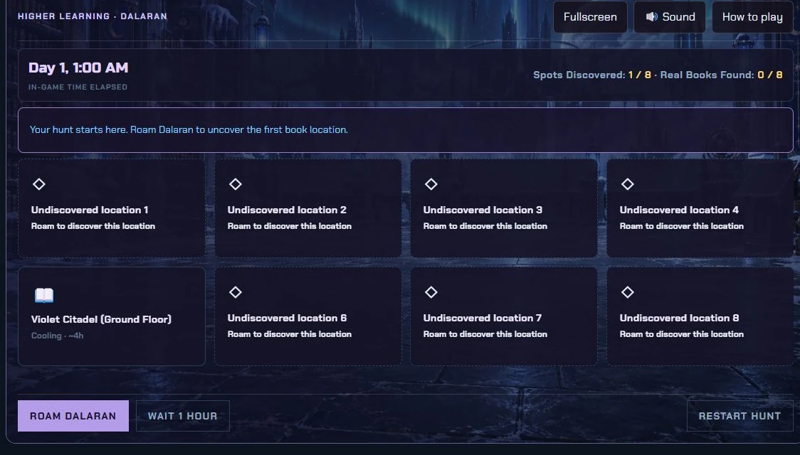 Kirin Tor Book Hunt gameplay showing discovered Dalaran locations, book timers and the in-game clock