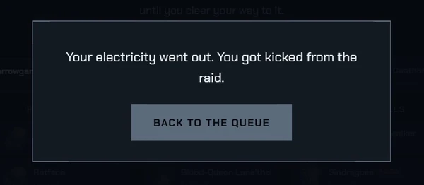 Kicked-from-raid popup card in The Shadowmourne Grind reading Your electricity went out, you got kicked from the raid