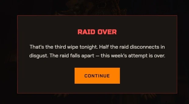 RAID OVER popup card in The Tiny Abom Hunt after three wipes in one night