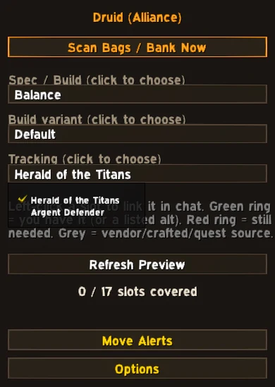 The Tracking dropdown open, showing Herald of the Titans checked and Argent Defender as the other option