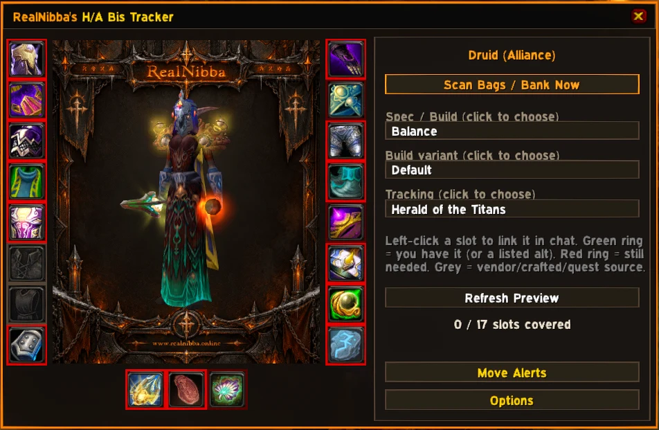 H/A Bis Tracker showing a Balance Druid dressed in tracked Herald of the Titans gear