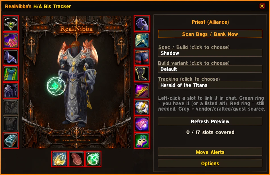 H/A Bis Tracker main window showing a Discipline Priest dressed in tracked Herald of the Titans gear, with item columns and the options panel