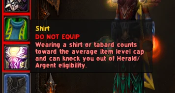 Tooltip on the Shirt slot reading DO NOT EQUIP, warning that it counts toward the average item level cap