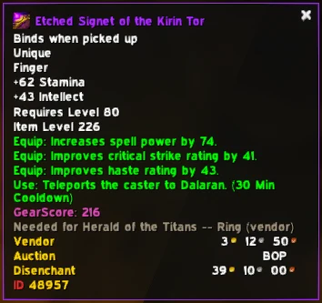 Real item tooltip for Etched Signet of the Kirin Tor with an added line reading Needed for Herald of the Titans -- Ring (vendor)