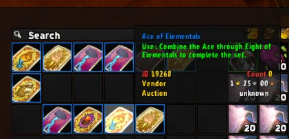 Ace of Elementals card tooltip in a bag inventory