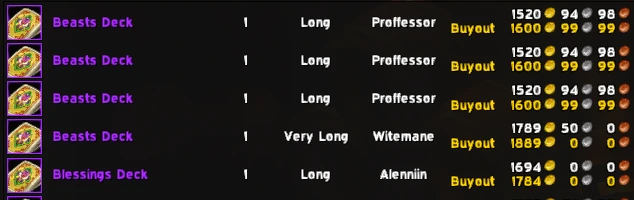 Real auction house listings for Beasts Deck and Blessings Deck priced between 1,520 and 1,889 gold