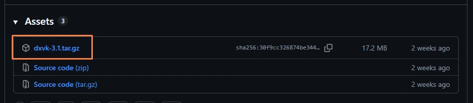 GitHub releases page with the dxvk-3.1.tar.gz asset highlighted, showing its SHA-256 and 17.2 MB size