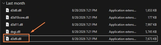 The x32 folder contents with d3d9.dll highlighted among d3d8.dll, d3d10core.dll, d3d11.dll and dxgi.dll