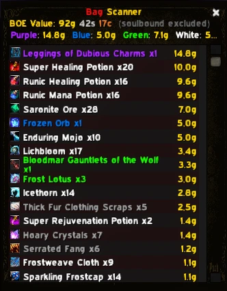 Bag Scanner listing every item in bags with individual and total gold values, sorted by rarity