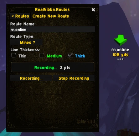 Farm Pack recording a new route named rn.online, Mines type, with a live point counter