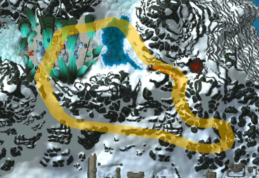 A saved farming route displayed directly on the world map as a highlighted path with node markers