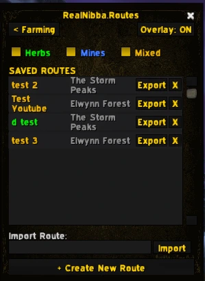 Farm Pack's Routes window listing several saved routes with Export buttons and an Import field
