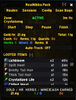 Farm Pack's main window mid-session in Crystalsong Forest, showing 21.4g/hr, herbs and mines counted, and a live looted-items list