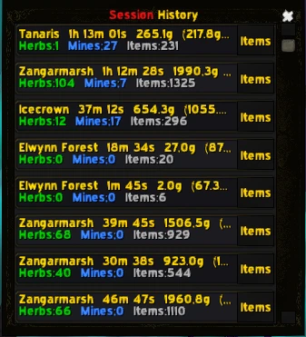 Farm Pack's Session History showing eight real recorded sessions with gold, herbs, mines and items per session