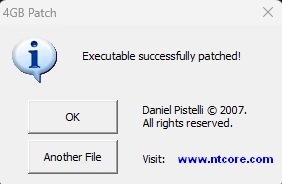 NTCore 4GB Patch window showing 'Executable successfully patched!'