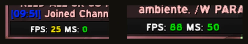 FPS counter before optimization reading 25, after optimization reading 88
