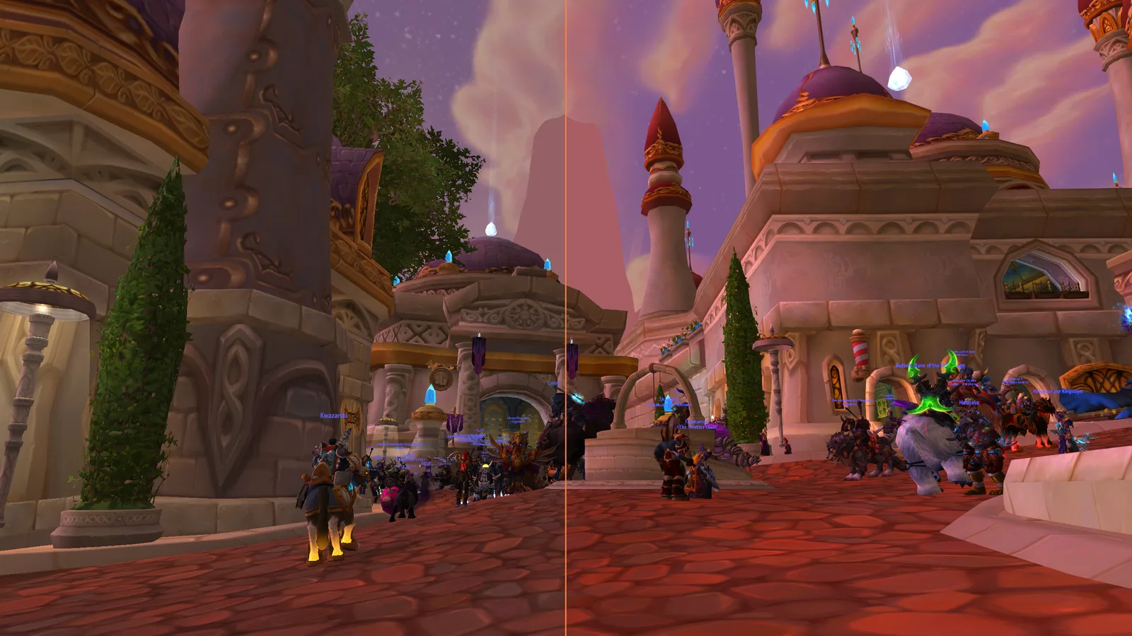 Split-screen comparison in a busy Stormwind street, ReShade off on the left, on the right