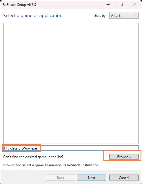ReShade setup: selecting Wow.exe via the Browse button