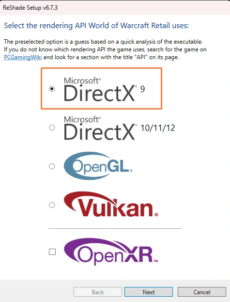ReShade setup: choosing the DirectX 9 rendering API