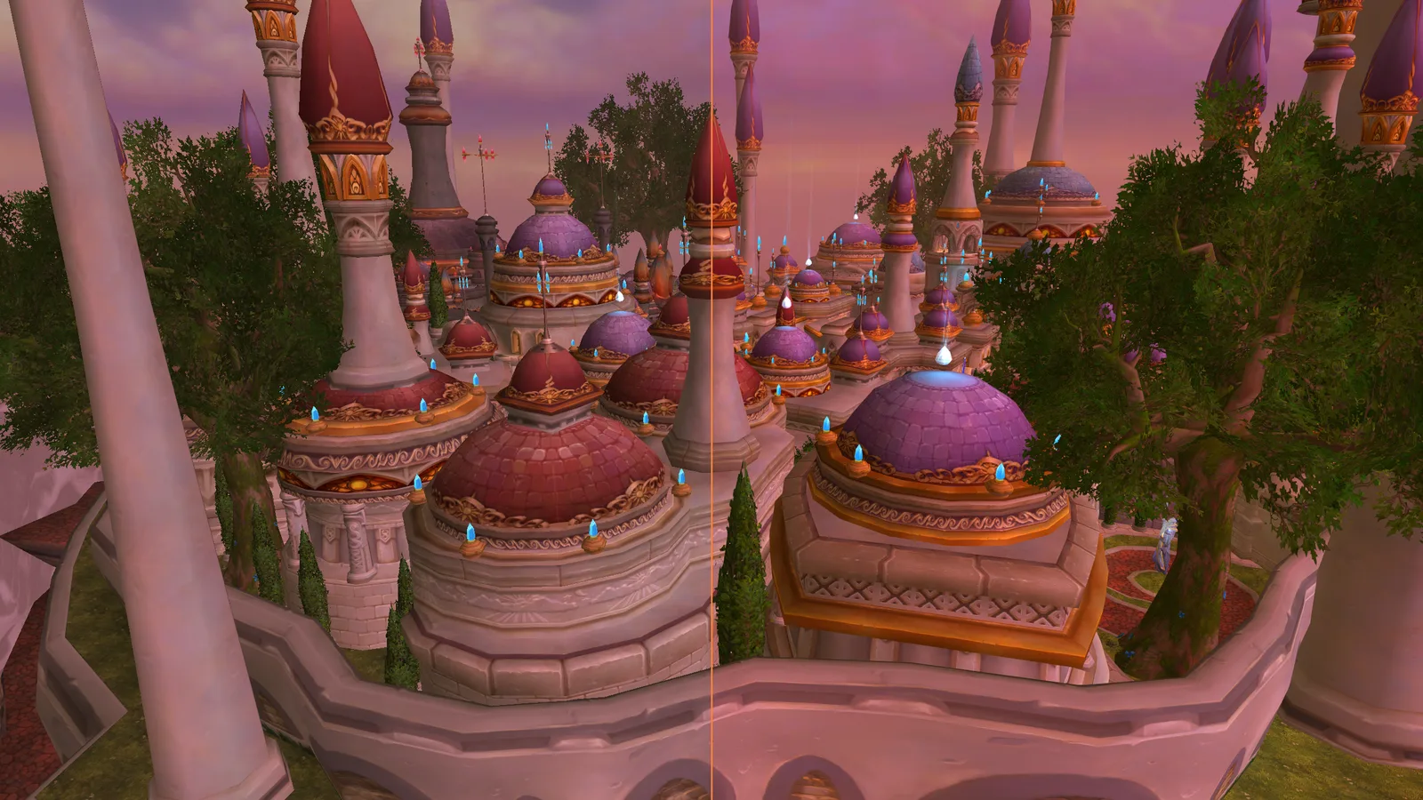 Split-screen comparison of Silvermoon City rooftops, ReShade off on the left, on the right