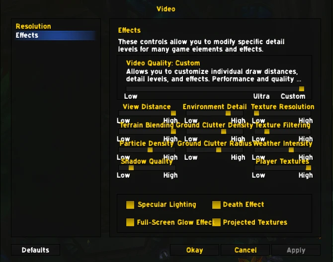 WoW 3.3.5a Video Effects tab showing sliders for View Distance, Environment Detail, Texture Resolution, Shadow Quality and more