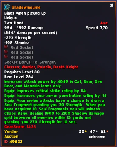Shadowmourne item tooltip showing 954-1592 damage, Speed 3.70, +223 Strength, +198 Stamina, three red sockets, and the Chaos Bane proc