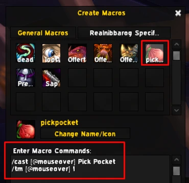 The macro creation window with the mouseover pickpocket macro set up and named
