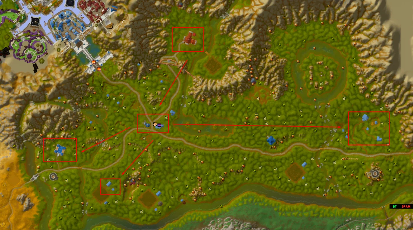 Annotated map of Elwynn Forest with red boxes and arrows marking quest hub stops in route order