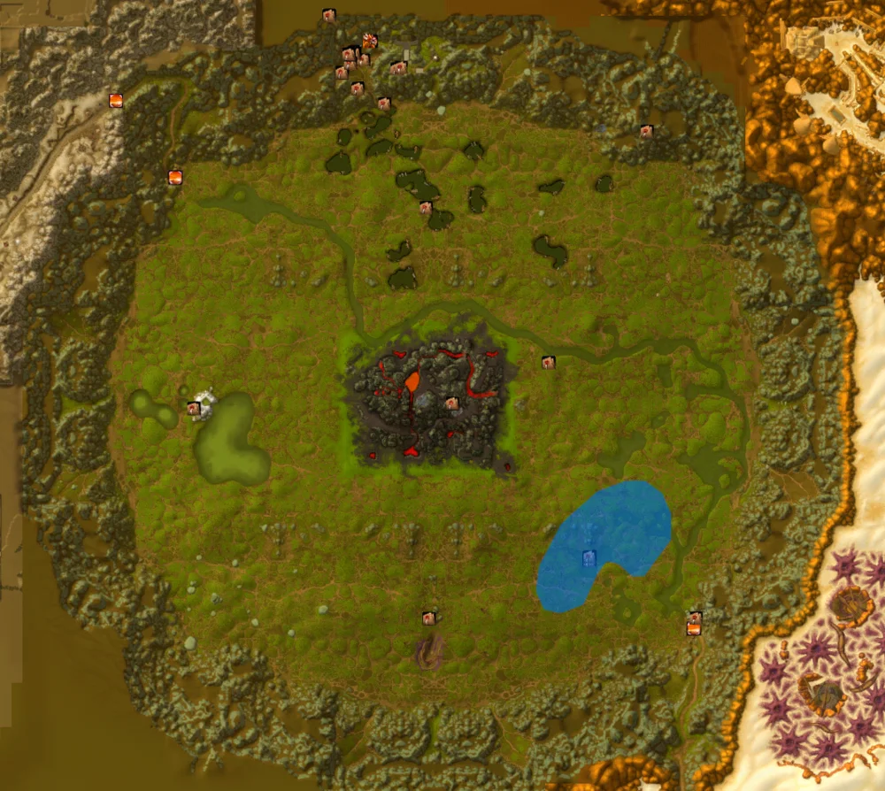 Map of Un'Goro Crater with quest marker icons arranged in a loop around the zone's perimeter