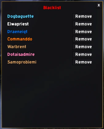 MarketWatch's blacklist panel listing several blocked seller names with Remove buttons