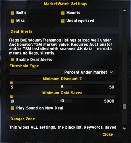 MarketWatch's Deal Alerts settings panel with threshold type, minimum discount percent, and minimum gold saved sliders