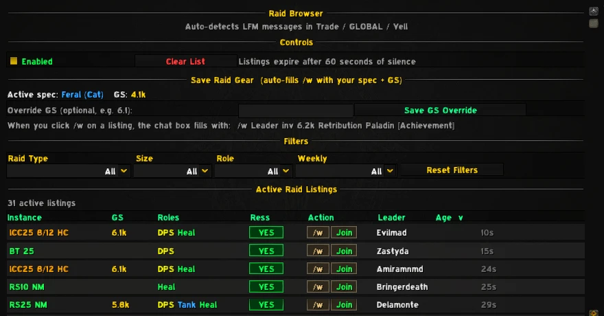 Raid Browser panel showing 31 active raid listings with instance, GS, roles, ress count, and whisper/join actions