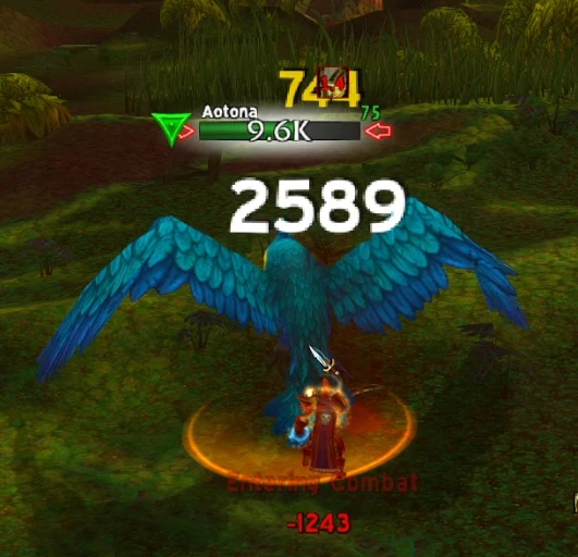 Aotona mid-combat, a large blue bird rare with its health bar visible