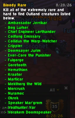 Bloody Rare achievement tooltip listing all 20 required Outland rare creatures