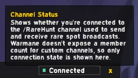 RareHunt's Channel Status panel showing a Connected state