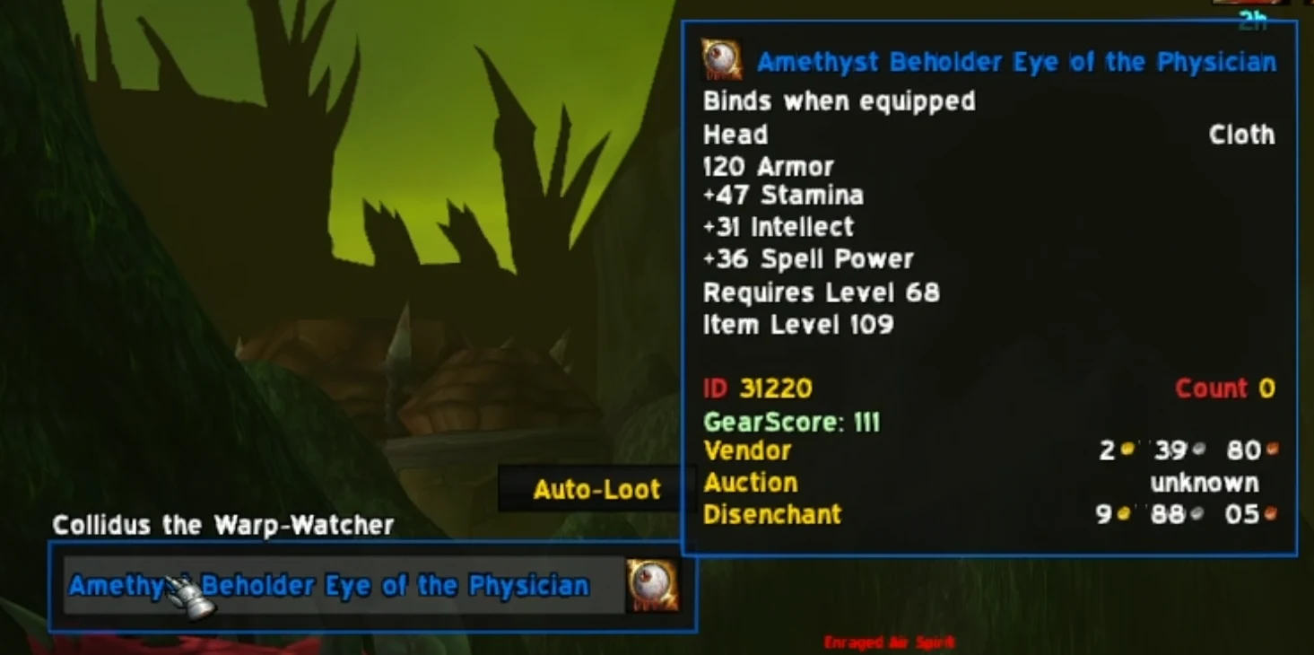Collidus the Warp-Watcher's loot window showing the Amethyst Beholder Eye of the Physician, a cloth head-slot BoE