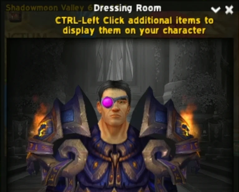 A character in the dressing room previewing the eyepatch item on their face
