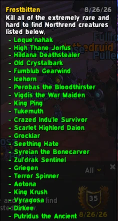Frostbitten achievement tooltip listing all 23 required Northrend rare creatures