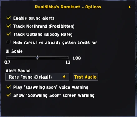 RareHunt's options panel: sound alerts, zone tracking toggles, UI scale, alert sound picker, and spawning-soon warnings