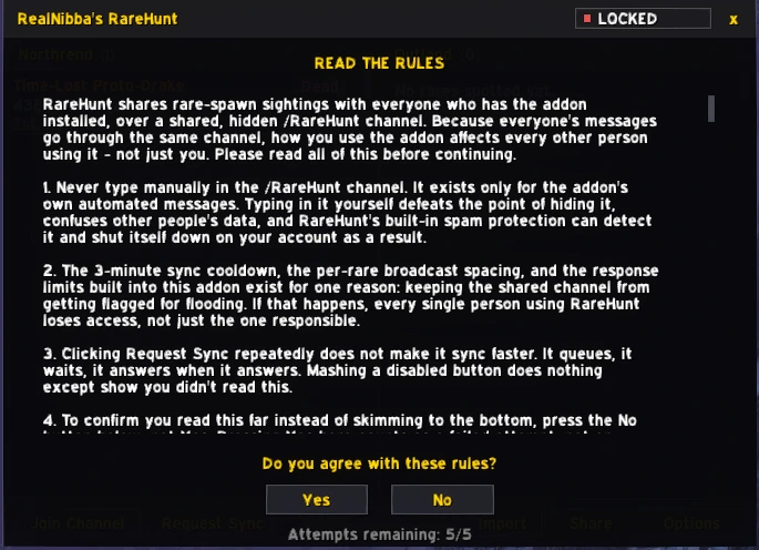 RareHunt's rules screen, with Yes and No buttons and an attempts-remaining counter reading 5/5