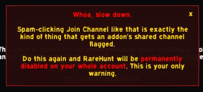 RareHunt warning popup reading Whoa, slow down — spam-clicking Join Channel risks a permanent account-wide disable