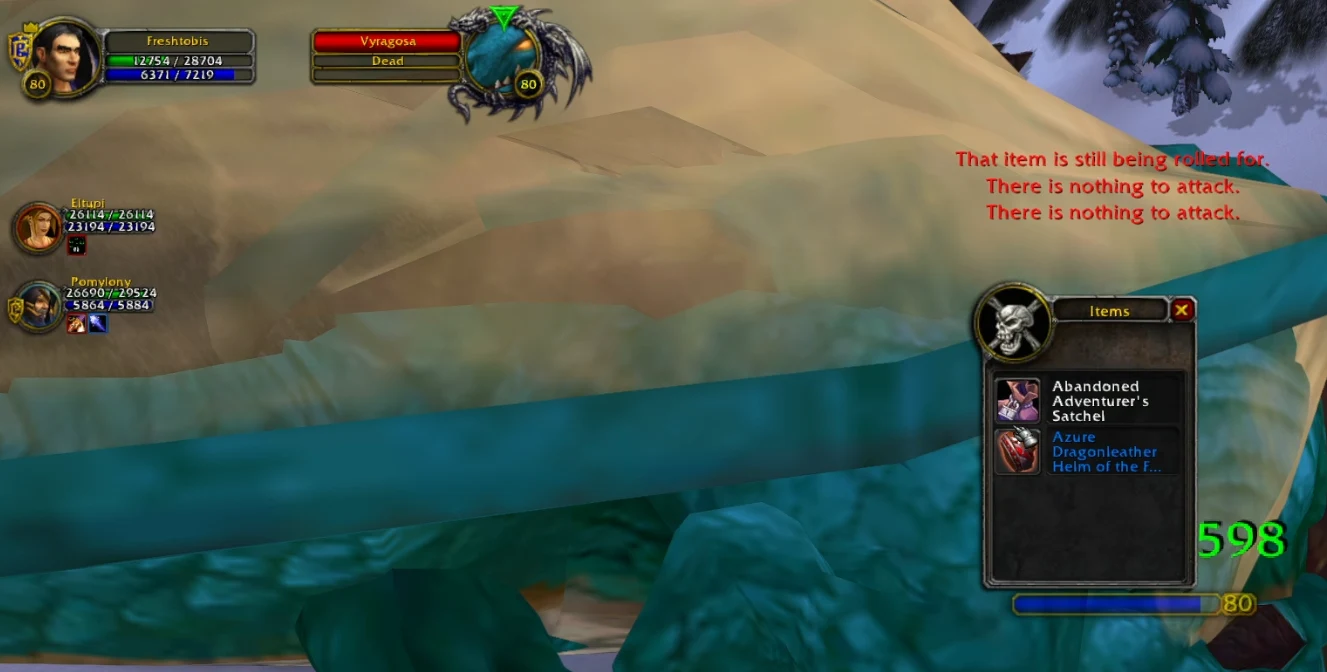 Vyragosa dead with a loot window open showing an Azure Dragonleather Helm and an Abandoned Adventurer's Satchel