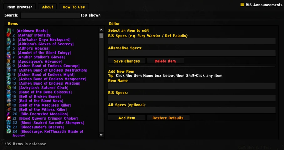 BiS Tracker's Item Browser and Editor, 139 items in database, showing the item list and BiS-spec editing fields
