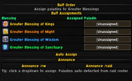 Buff Order panel assigning paladins to Greater Blessing of Kings, Might, Wisdom and Sanctuary