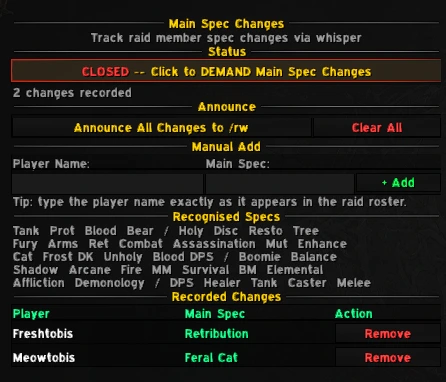 Main Spec Changes tab with two real recorded changes: Freshtobis as Retribution, Meowtobis as Feral Cat