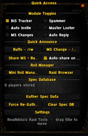 Quick Access panel with module toggles, quick-announce buttons, Roll Manager and Raid Browser shortcuts, and the Spec Database section