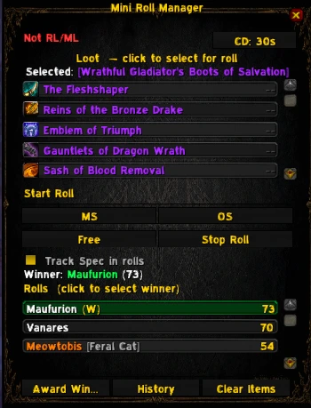 Mini Roll Manager tracking rolls on Wrathful Gladiator's Boots of Salvation, with a winner already selected