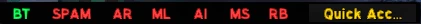 The floating status bar showing colored pills for BT, SPAM, AR, ML, AI, MS, RB and a Quick Access button