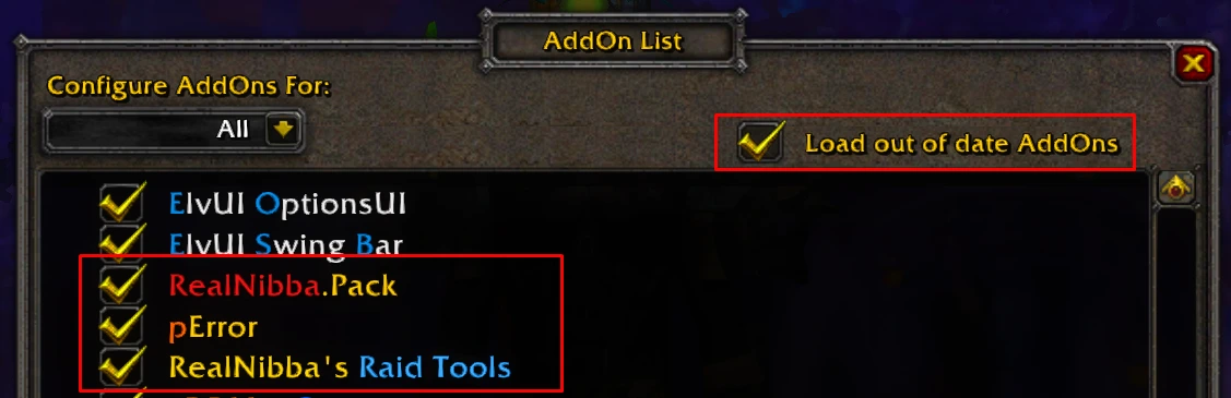 Character-select AddOn List with Load out of date AddOns checked, and RealNibba.Pack, pError, and RealNibba's Raid Tools all ticked