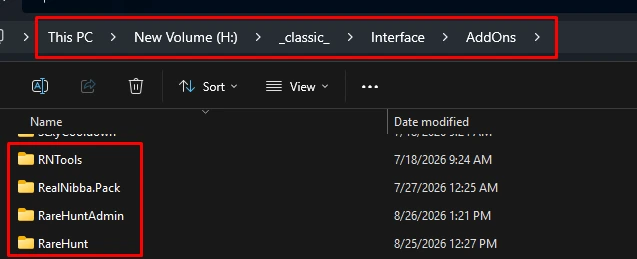 Windows Explorer address bar showing the real path This PC > New Volume (H:) > _classic_ > Interface > AddOns, with the RNTools and RareHunt folders highlighted
